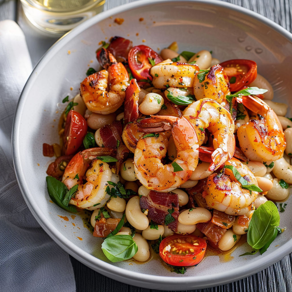 Un bol généreux rempli de haricots blancs mélangés à des crevettes grillées.