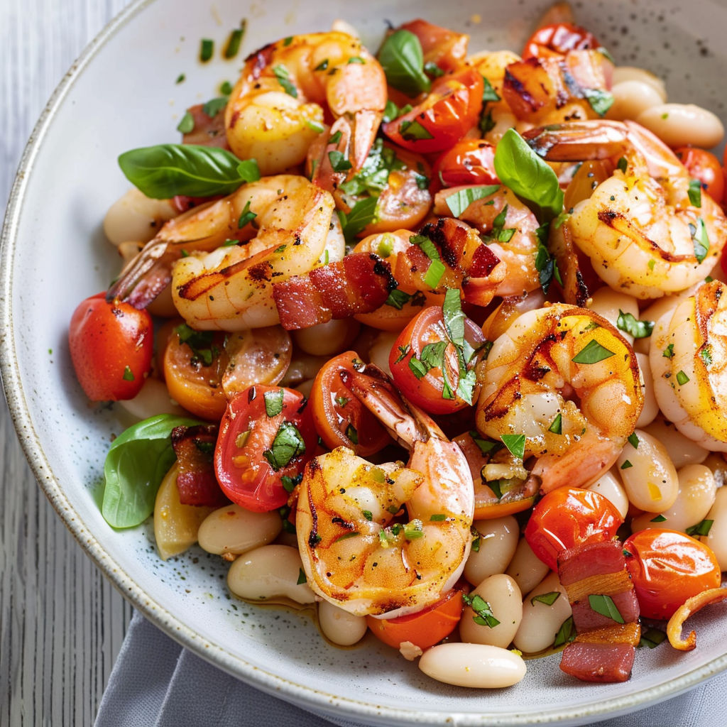 Bol coloré de crevettes grillées haricots et tomates avec des herbes fraîches.