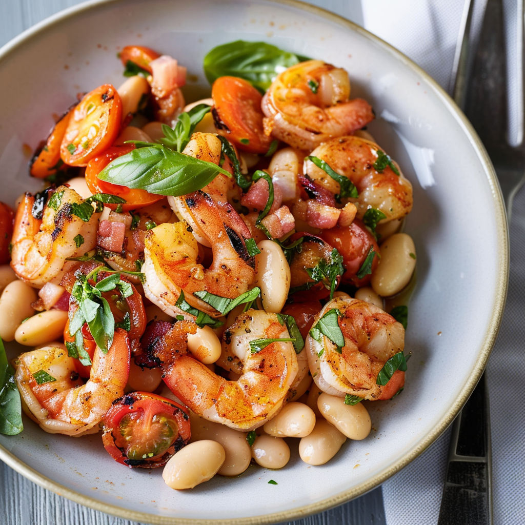 Bol de crevettes, haricots blancs, basilic et tomates cerises sur une table.