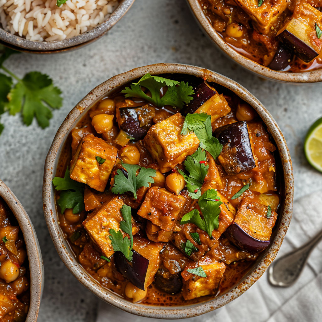 Un plat appétissant avec aubergines, tofu et pois chiches servi chaud.
