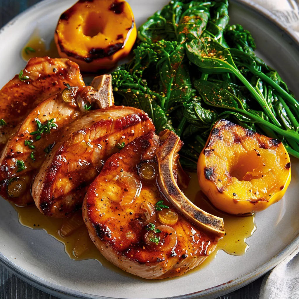 Côtelettes de porc accompagnées de légumes verts et fleuris.