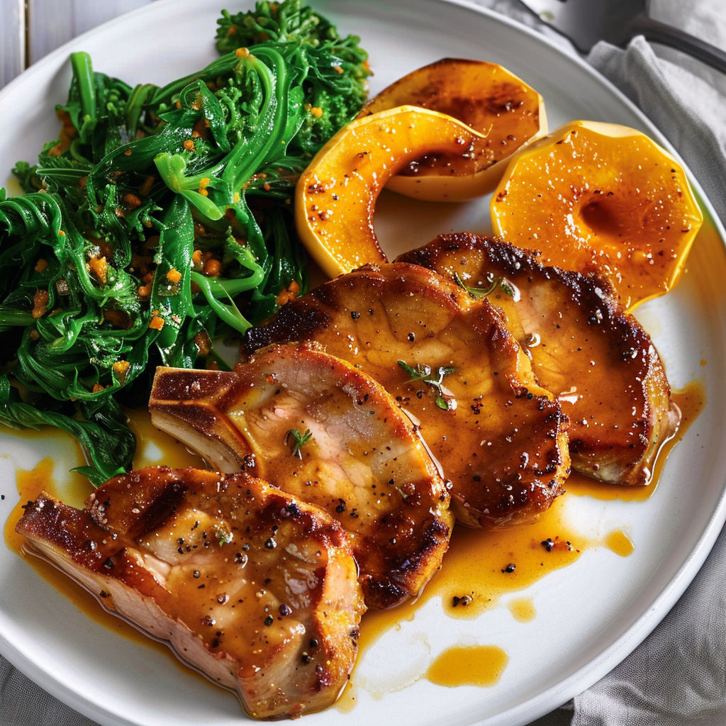 Une belle assiette de porc caramélisé avec courge dorée et rapinis croquants.