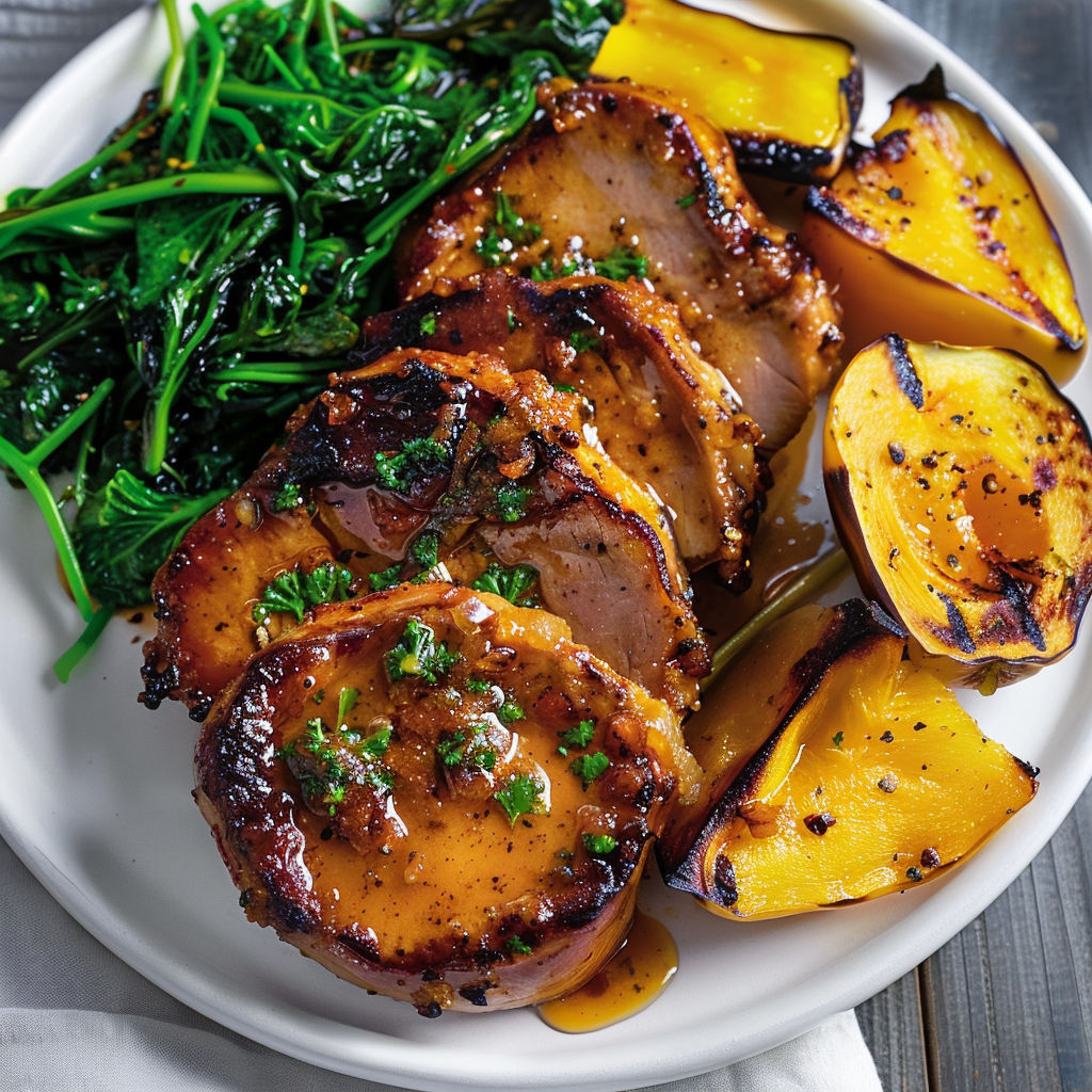 Un plat appétissant de porc tendre nappé de sauce à l’érable et curry, accompagné de courge et rapinis dorés.