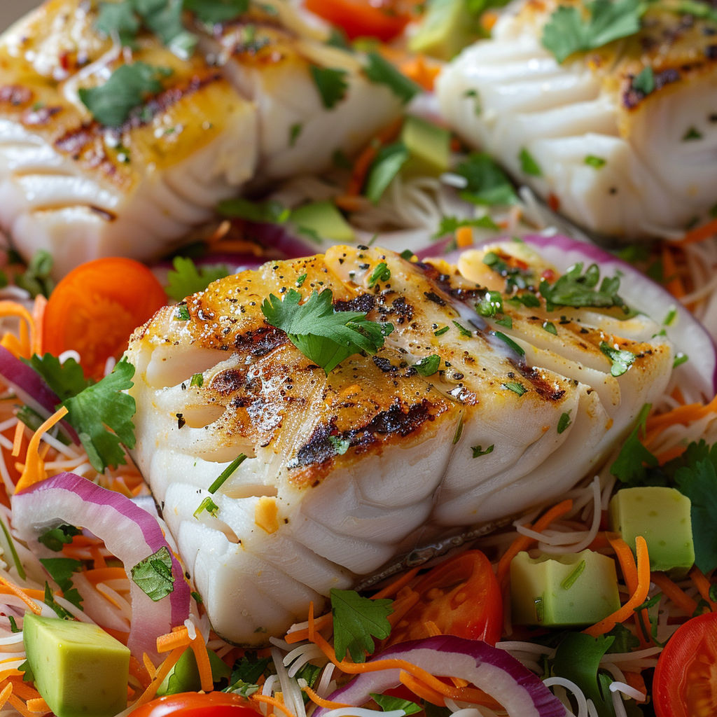 Poisson grillé accompagné de légumes variés comme tomates, carottes, avocats et vermicelles de riz.