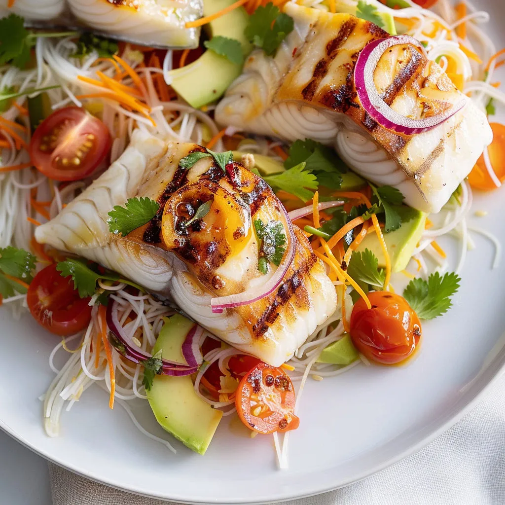 Filet de poisson grillé sur lit de vermicelles croustillants et légumes frais, avec touche asiatique.
