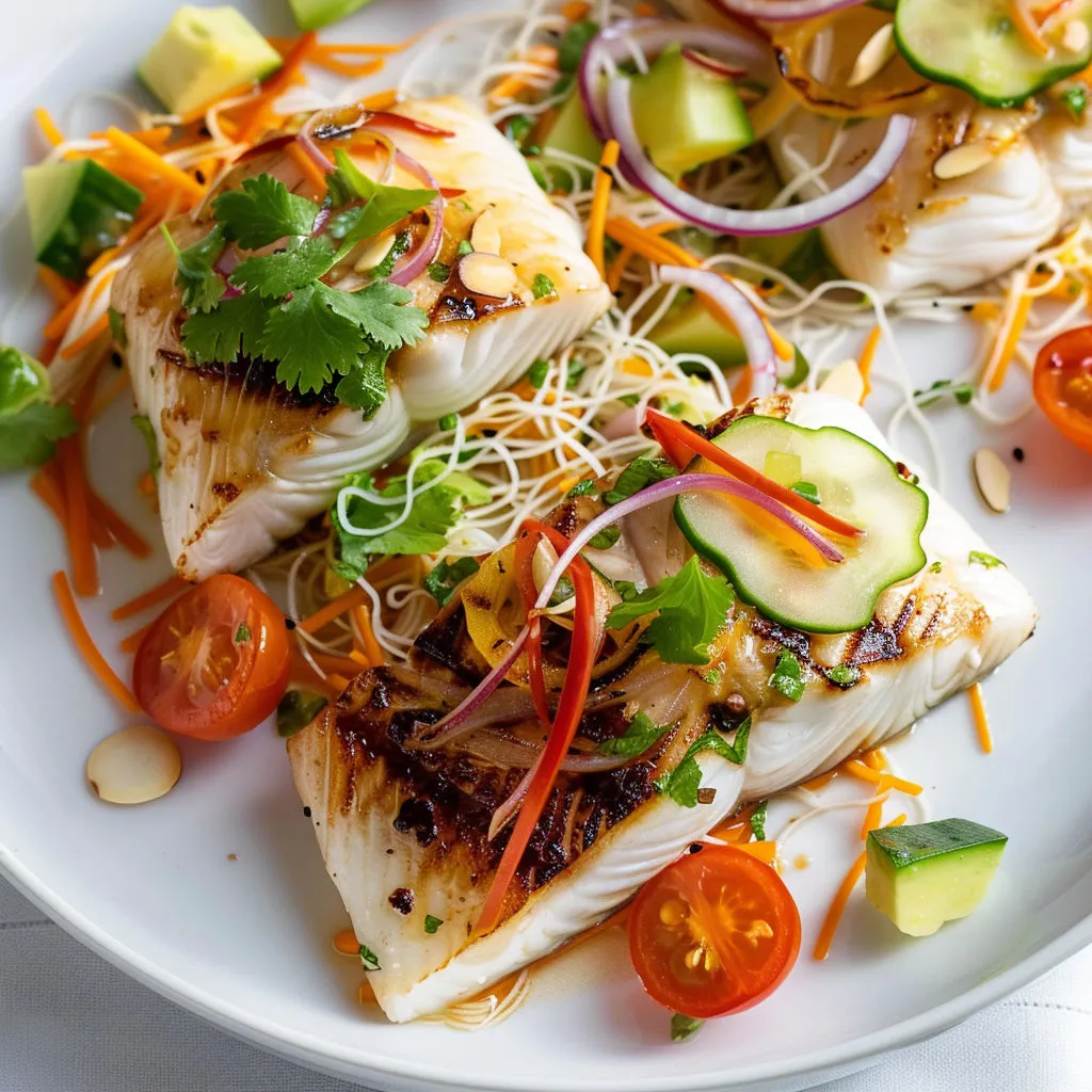 Poisson grillé sur vermicelles de riz parfumés aux légumes, arrosé d’une sauce piquante.