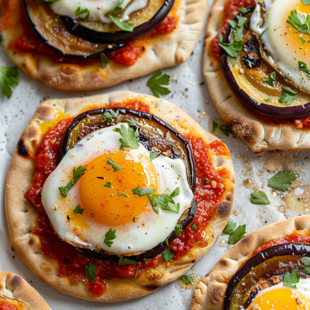 Un plat maison à base de pita avec aubergine et œuf.