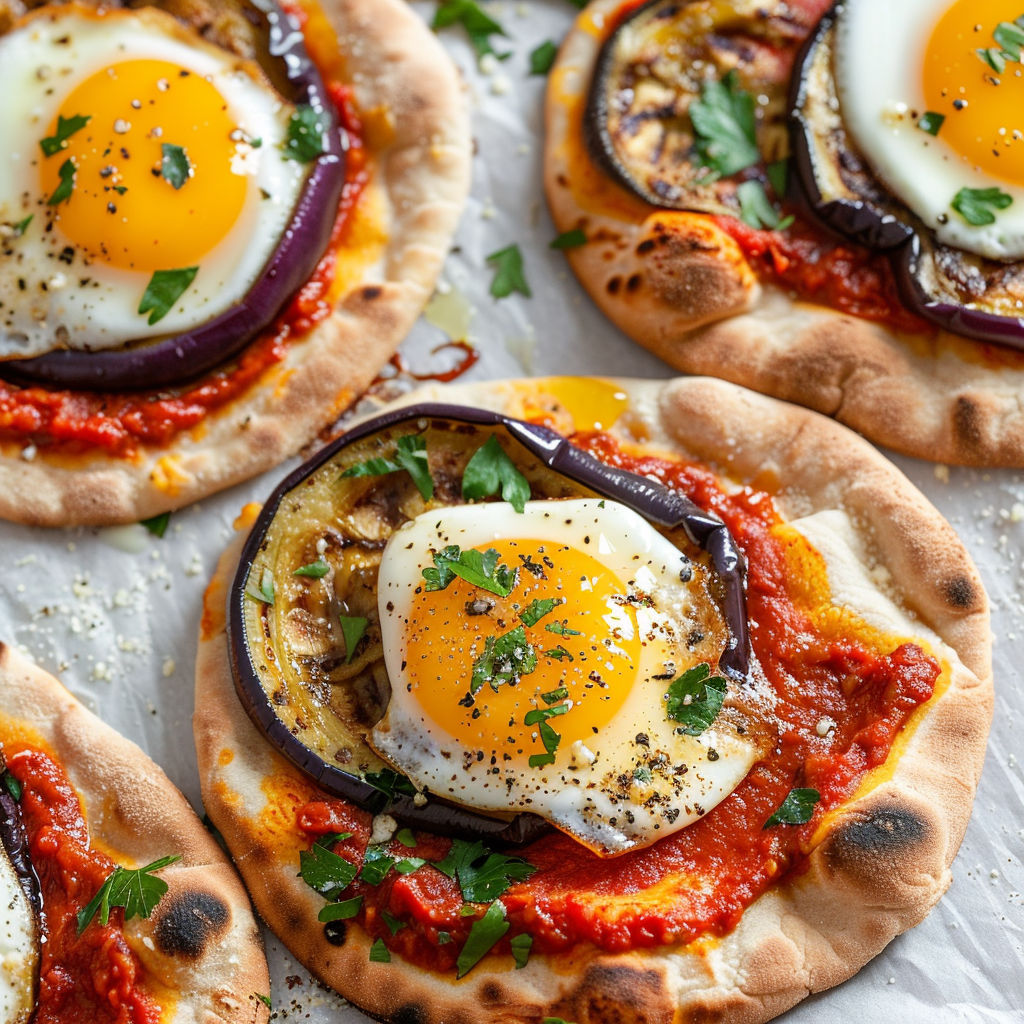 Pizza généreuse avec aubergines grillées et œuf coulant, servie sur un plat.