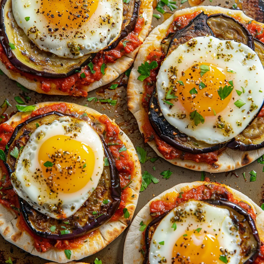 Minis pitas façon pizza avec oeufs et légumes grillés, cuits au four.