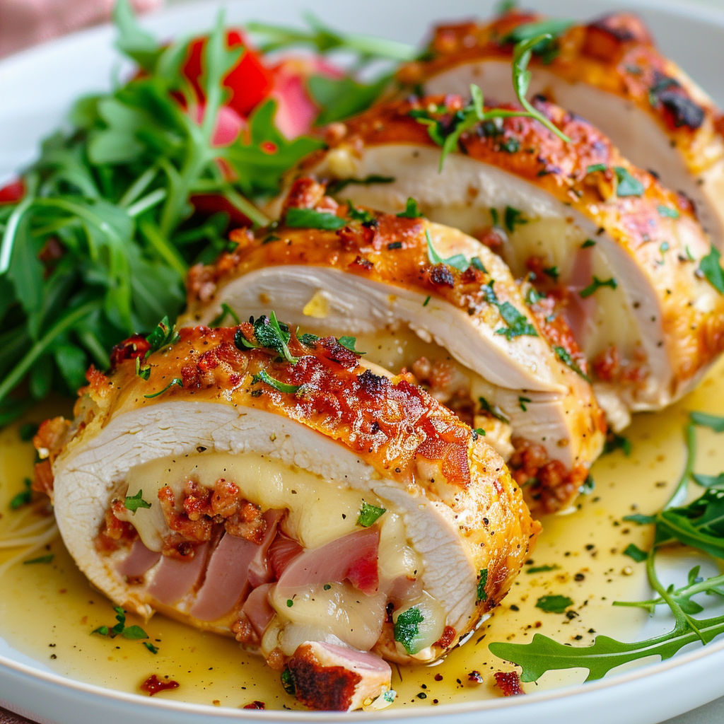 Plat gourmand de poulet rempli de fromage Oka et chorizo, servi avec des légumes verts et des herbes fraîches.