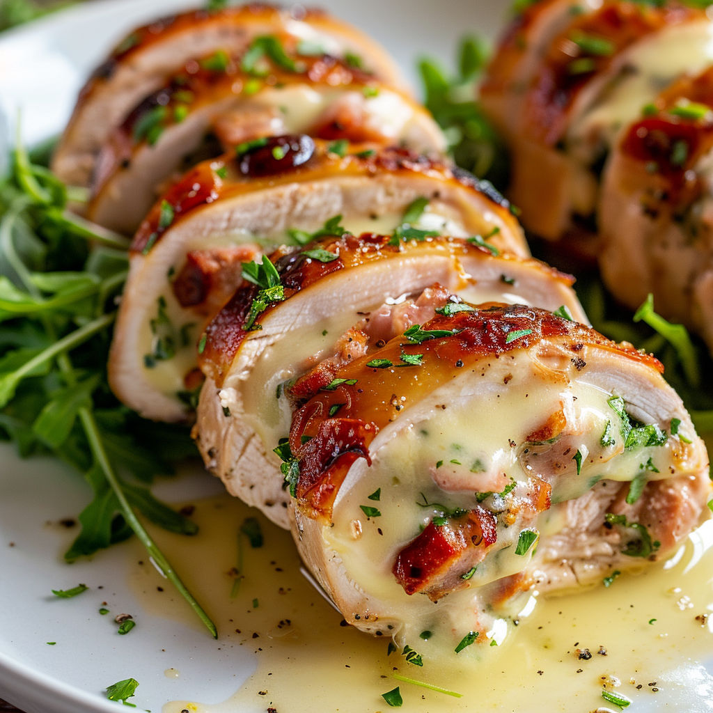 Roulés de poulet au fromage fondant et chorizo, servis sur une assiette blanche.
