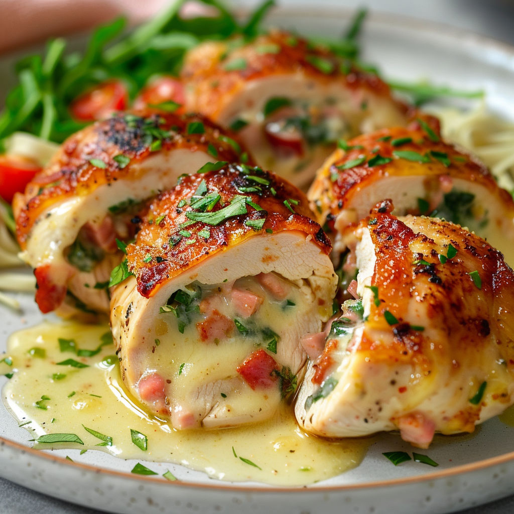 Délicieux cordon bleu de poulet façon raclette et roquette poêlée.