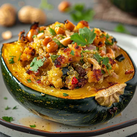 Courge garnie de quinoa, cheddar fondant et arachides servie sur un plateau.