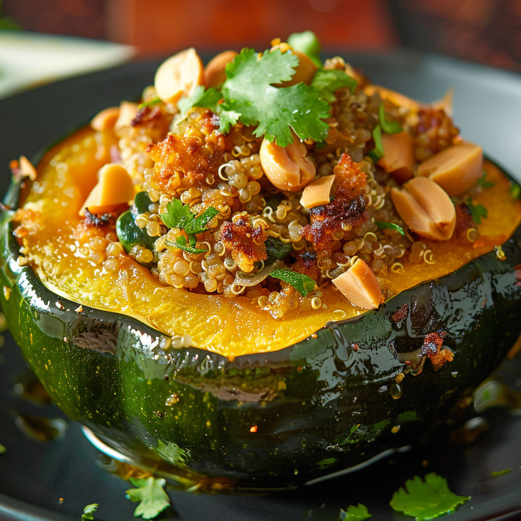 Courgette farcie avec graines de cumin et noix de cajou, décorée d’herbes fraîches.