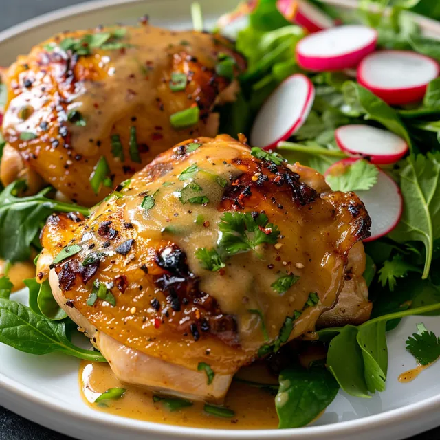 Poulet croustillant recouvert de sauce au beurre d’arachide et épices.