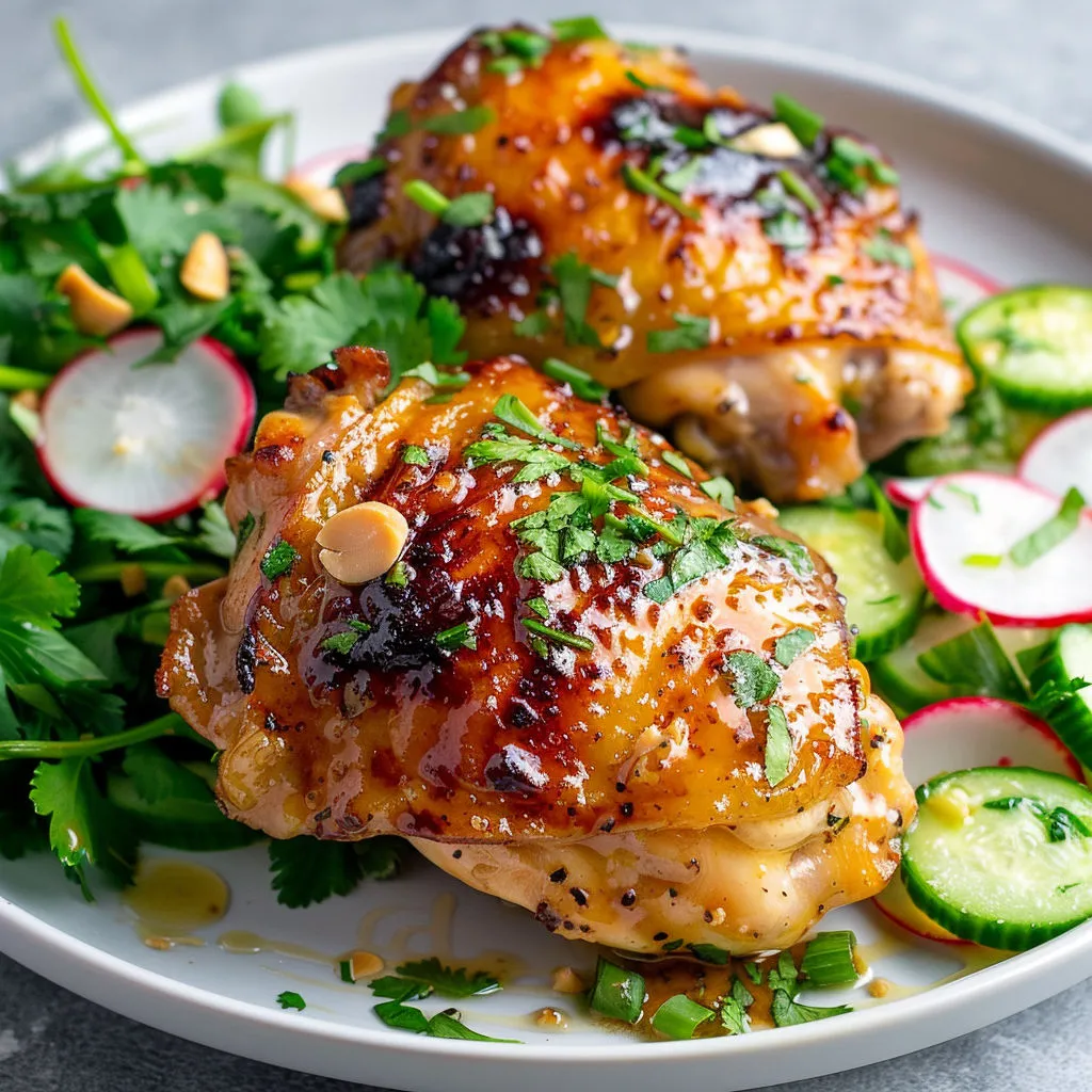 Poulet rôti au four, nappé d'une sauce onctueuse à la cacahuète et lait de coco.