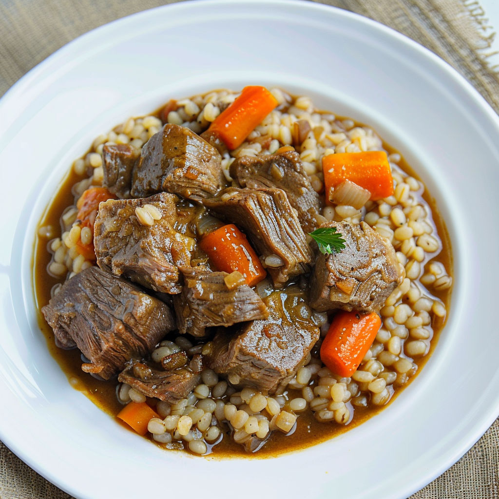 Plat gourmand de boeuf à la moutarde avec légumes et orge.