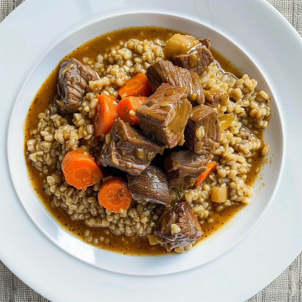 Un plat copieux à base de riz, viande et sauce moutardée.