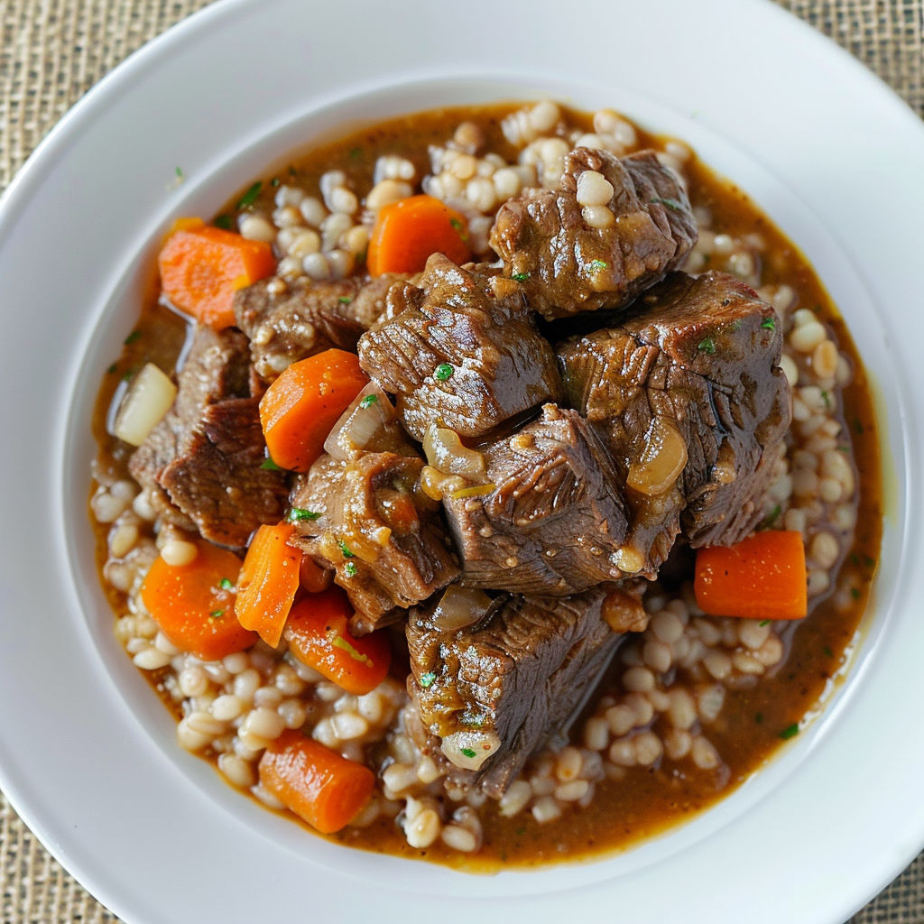Une jolie assiette de bœuf, riz et sauce est posée sur un torchon.