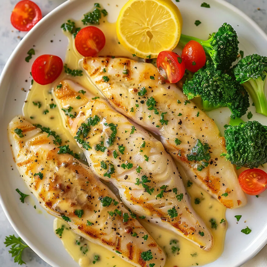 Sole dorée avec sauce citron-anchois et brocolis croquants.