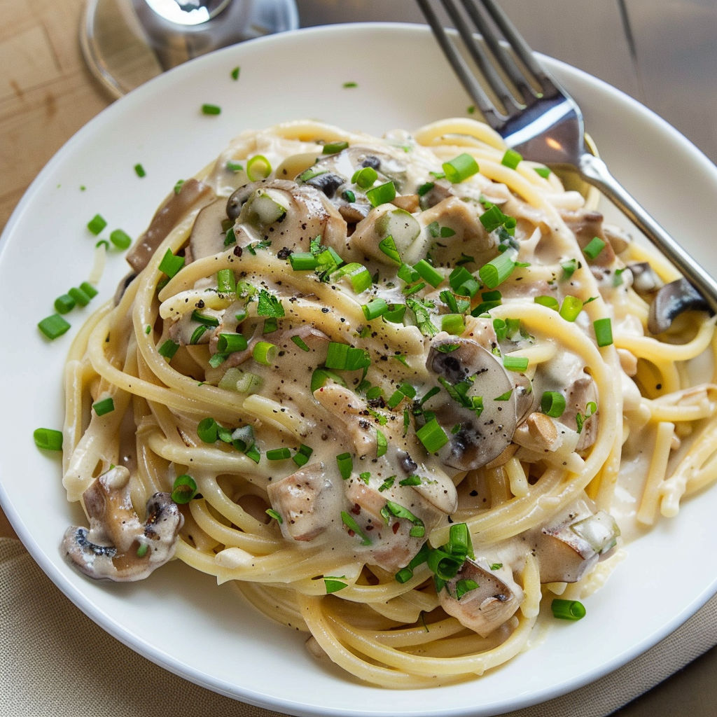 Spaghettis avec thon, champignons et des herbes fraîches.