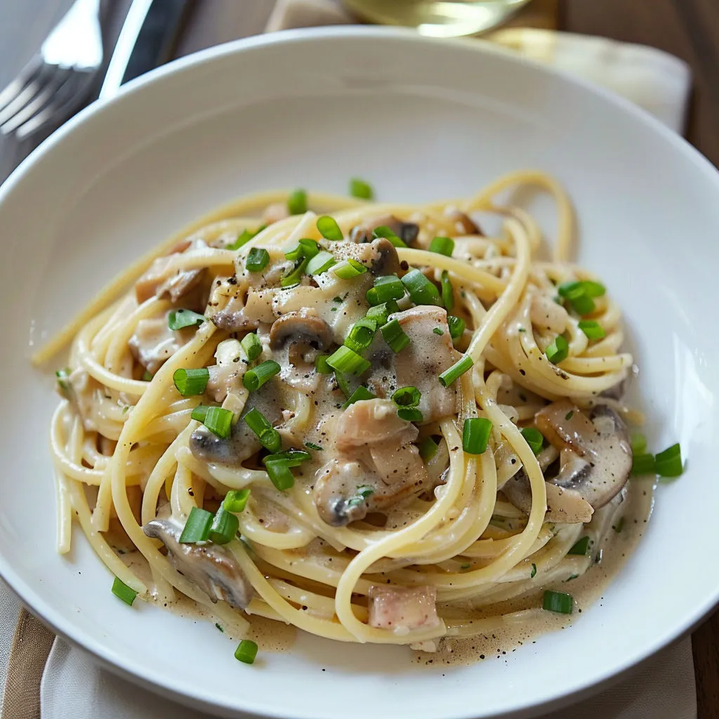 Assiette de spaghettis bien crémeux avec thon, champignons dorés et une touche de vert frais.