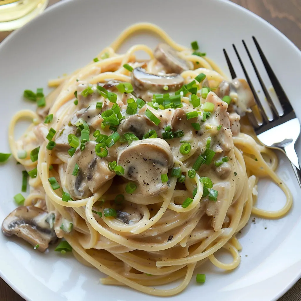 Belle assiette de spaghettis fondants au thon, sauce blanche aux champignons avec une touche de verdure.
