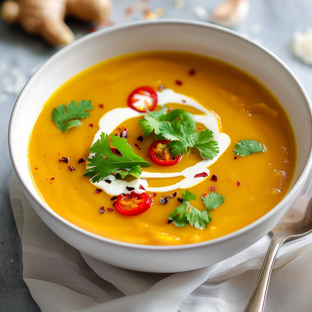 Un bol blanc rempli de velouté de courge, agrémenté d'épices et d'herbes fraîches.
