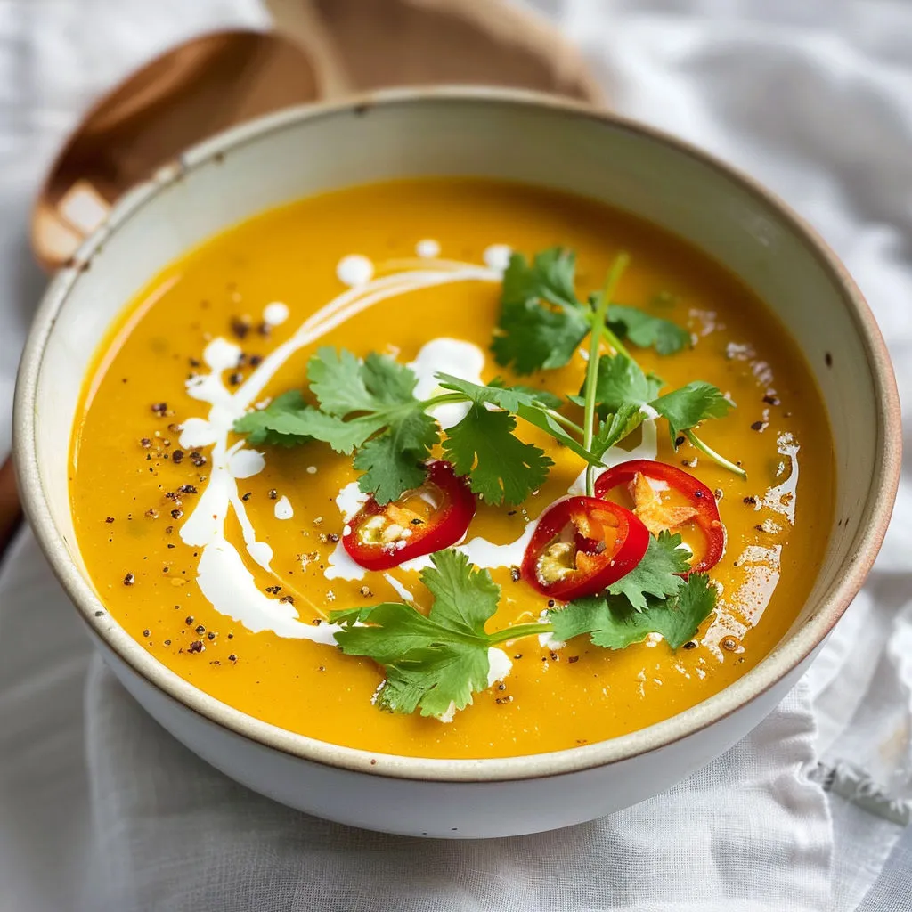 Bol de soupe crémeuse à la courge, relevée au curry et gingembre, avec crème onctueuse.
