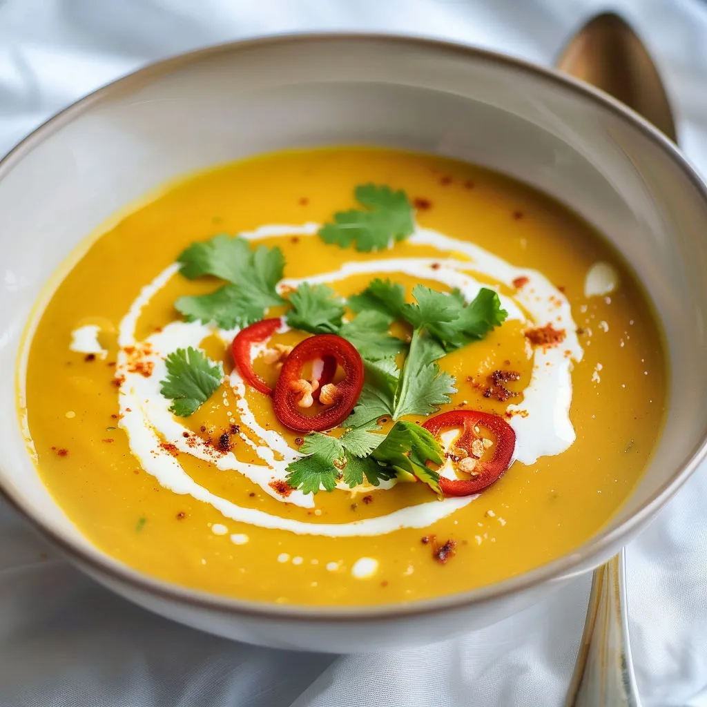 Soupe veloutée de butternut parfumée au curry doux, moutarde et herbes fraîches.