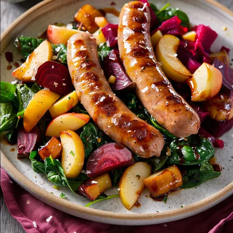 Plat composé de pommes caramélisées, betteraves chaudes et saucisses dorées disposées ensemble.