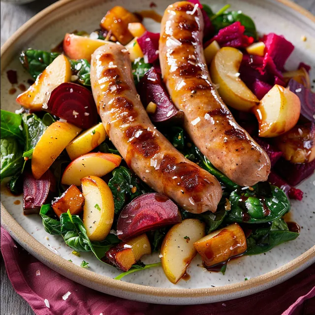 Plat composé de pommes caramélisées, betteraves chaudes et saucisses dorées disposées ensemble.