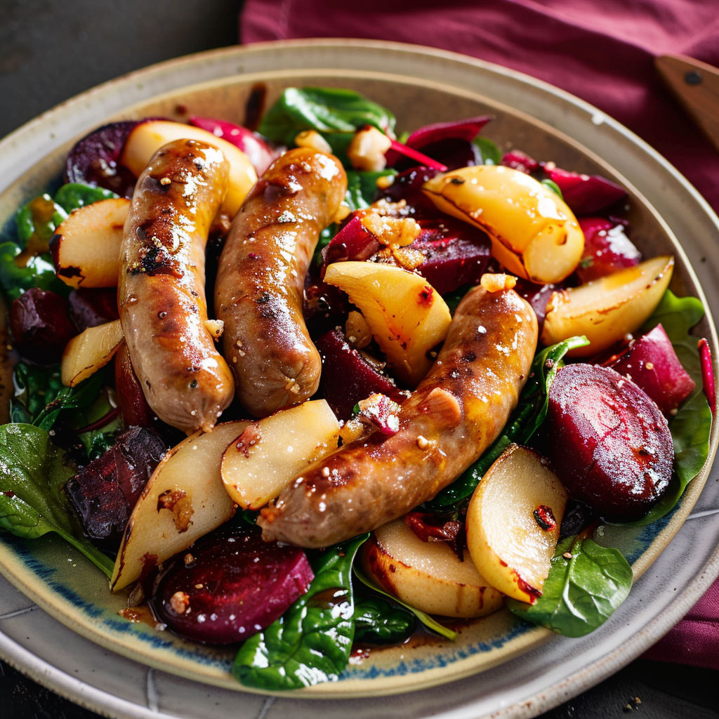 Un plat avec légumes colorés, tranches de pommes et saucisses grillées accompagné d’épinards frais.
