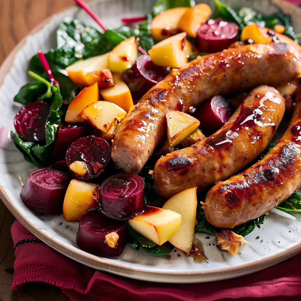 Rondelles de pommes, légumes et saucisses dorées présentés sur un grand plat avec sauce.