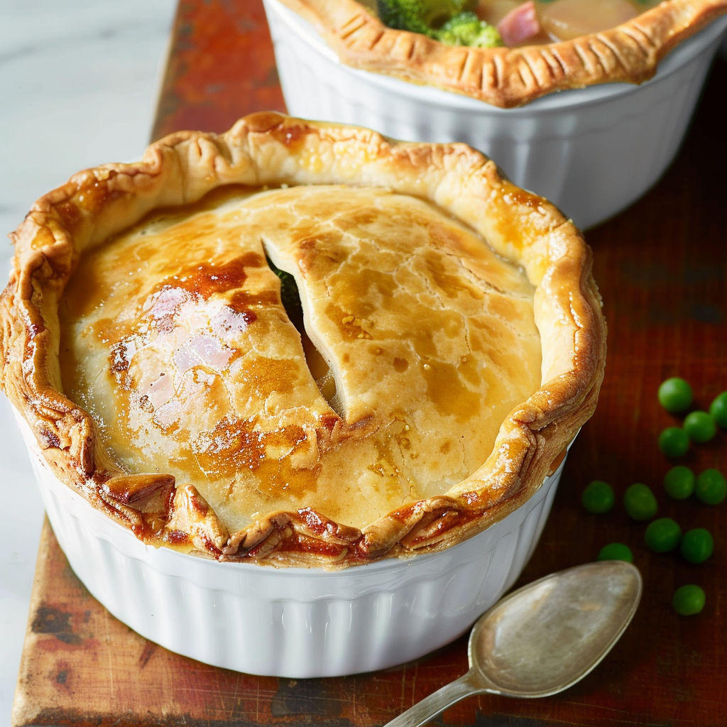 Un délicieux plat de dinde et légumes sous une croûte dorée servi dans un plat en verre.