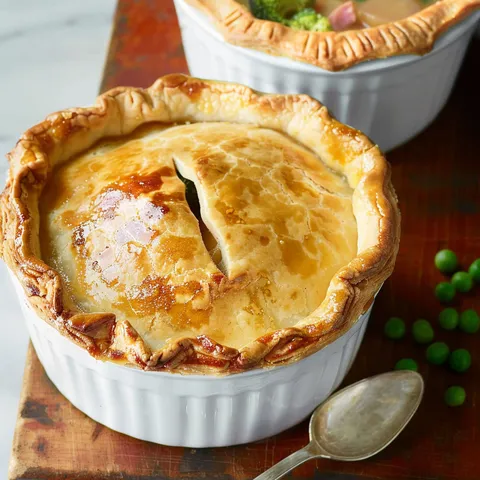 Un délicieux plat de dinde et légumes sous une croûte dorée servi dans un plat en verre.