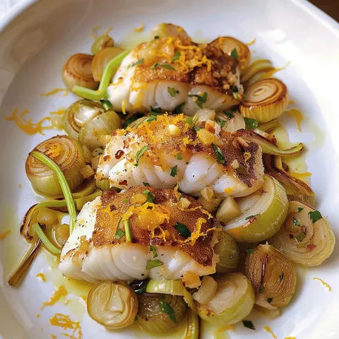 Poisson garni d'orange, fenouil et poireau sur assiette blanche.