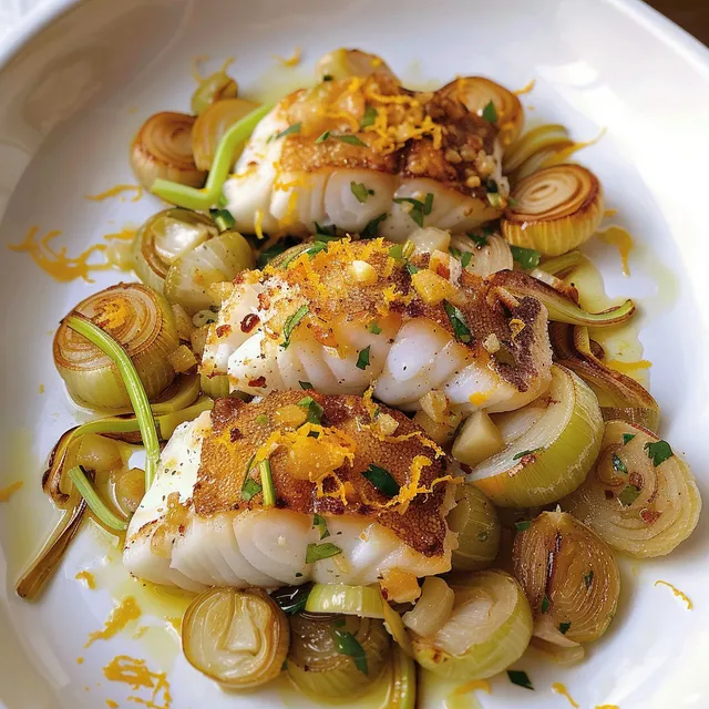 Poisson garni d'orange, fenouil et poireau sur assiette blanche.