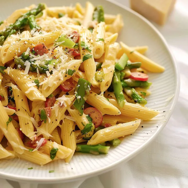 Un plat généreux de pâtes avec asperges, jalapeño et cheddar crémeux.