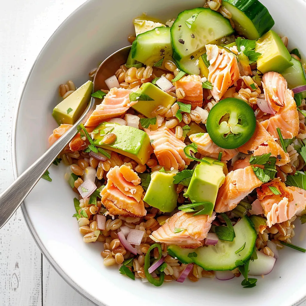Idée fraîche d'épeautre, saumon et avocat.