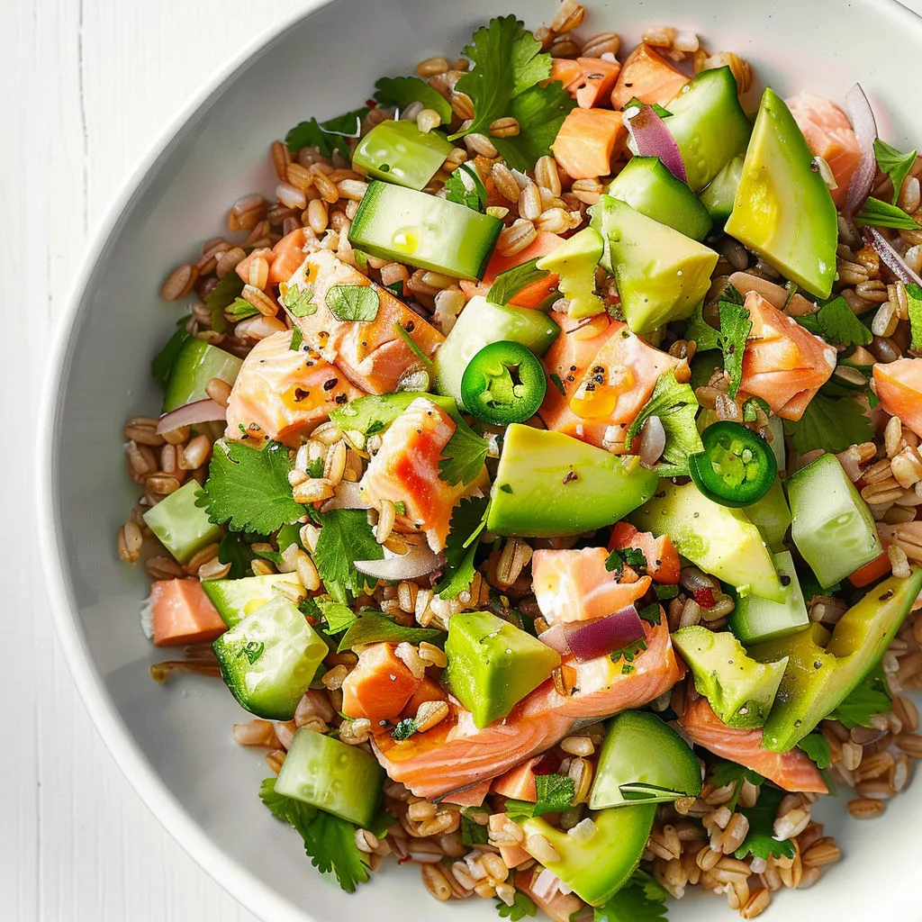 Un bol avec du poisson, des légumes verts et des céréales, le tout joliment assaisonné.