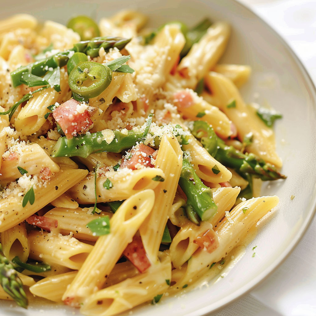 Des pennes avec des légumes verts et des épices servis dans une assiette.