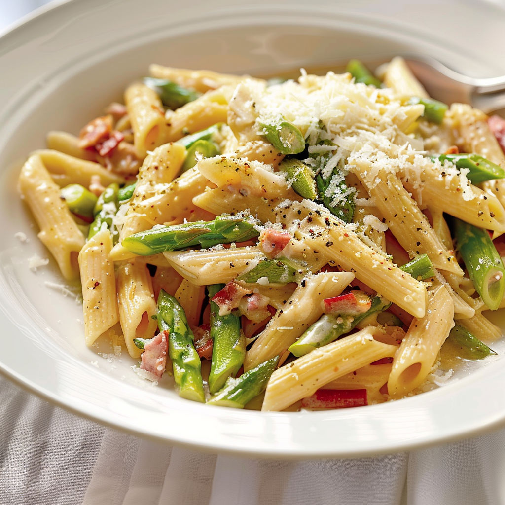 Spaghettis garnis de légumes verts et herbes fraîches.