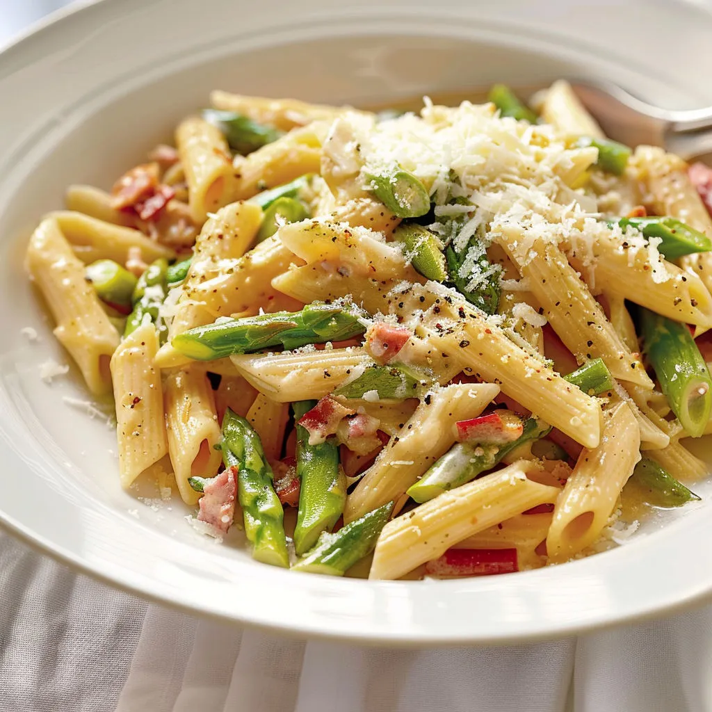 Spaghettis garnis de légumes verts et herbes fraîches.