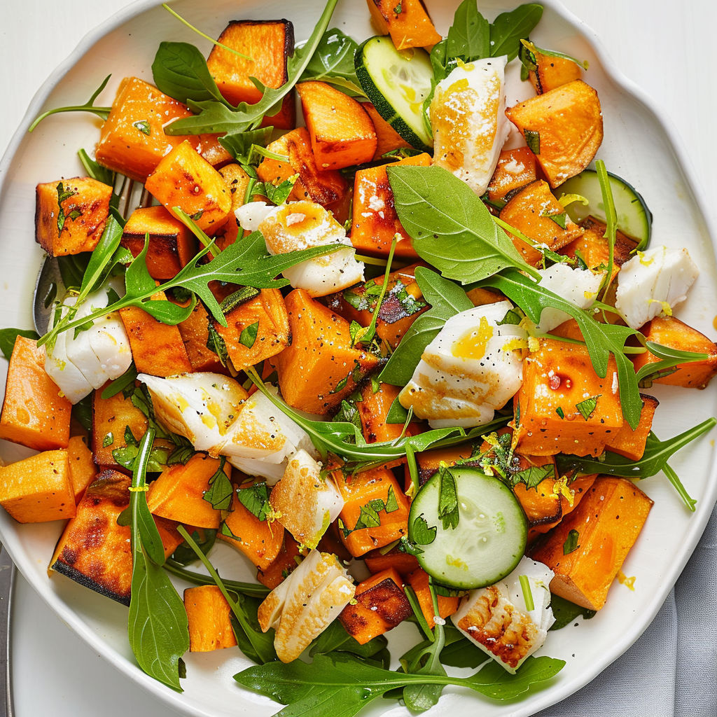 Salade pleine de légumes, poisson, carottes, concombres, courgettes et herbes fraîches.