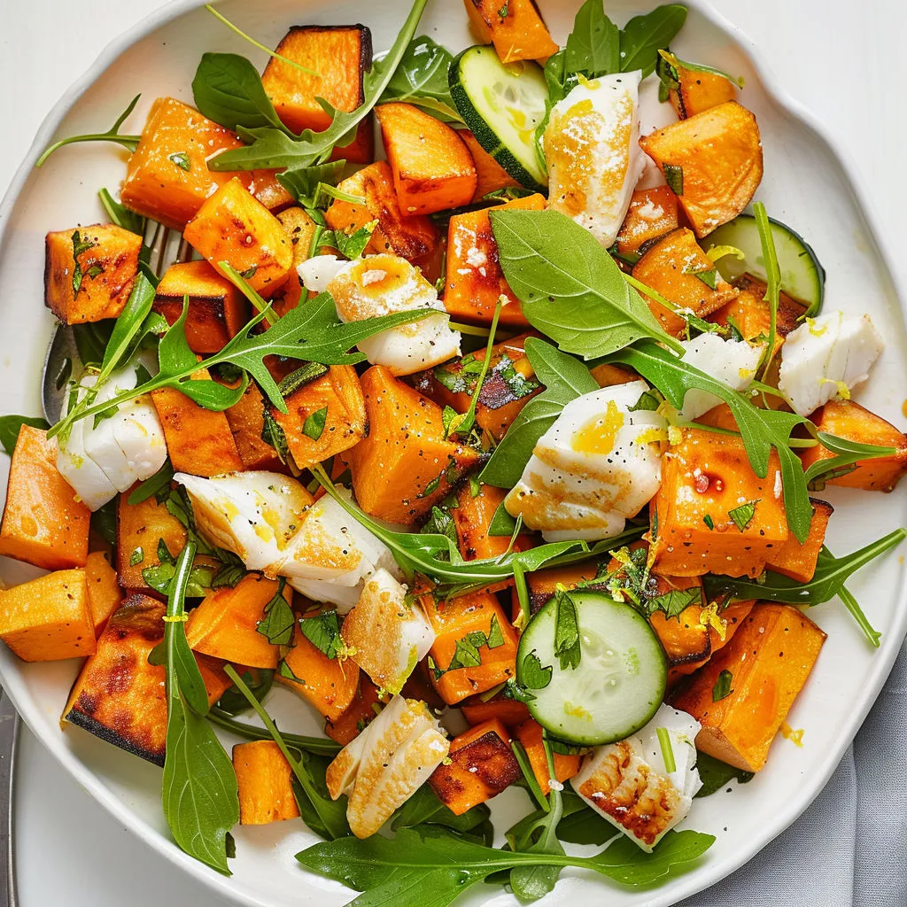 Salade pleine de légumes, poisson, carottes, concombres, courgettes et herbes fraîches.