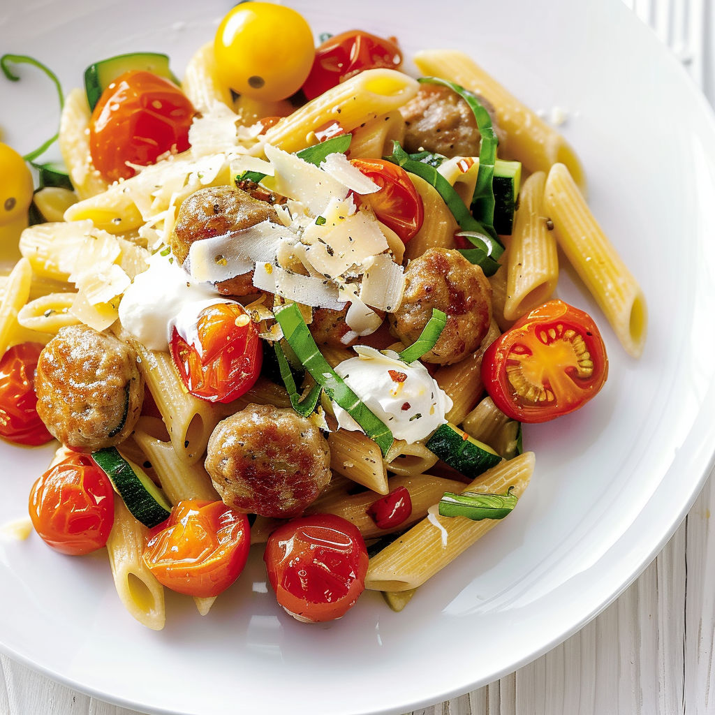 Un plat de pennes avec tomates et saucisse italienne.