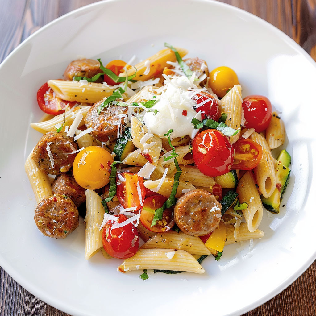 Une assiette de pâtes avec tomates, oignons, courgettes et saucisse.