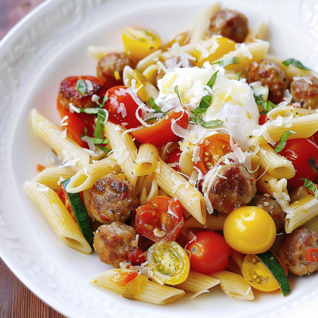 Salade de penne aux tomates, oignons, courgettes et touche de yaourt.