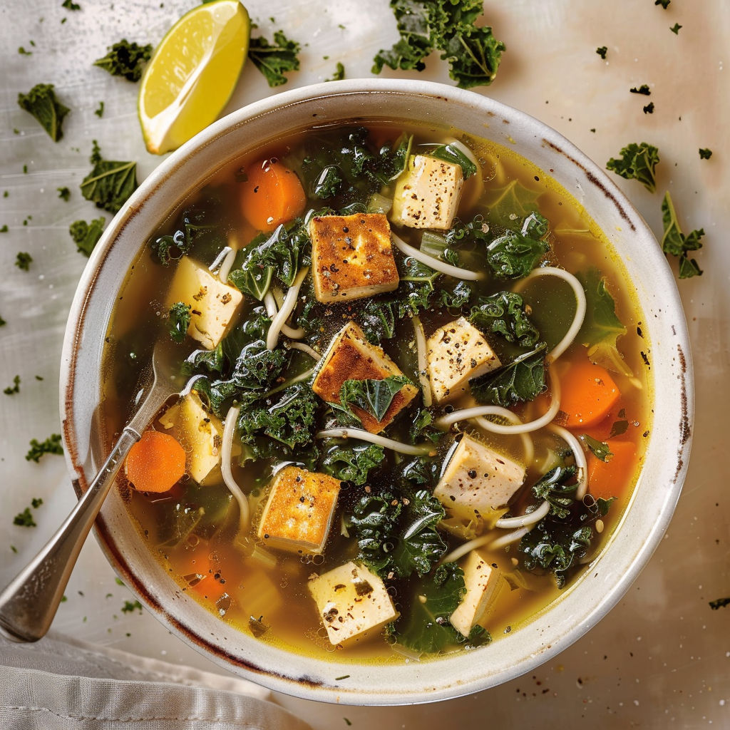 Un bol appétissant de soupe au tofu et kale, garni de légumes.